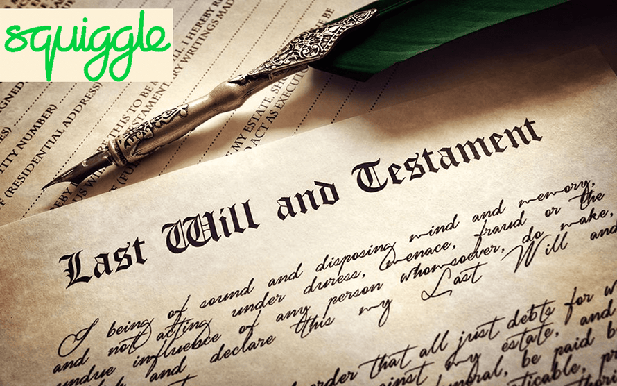 A hand written page of a 'Last Will and Testament' with an ornate metal quill with green feather laid on top of it
