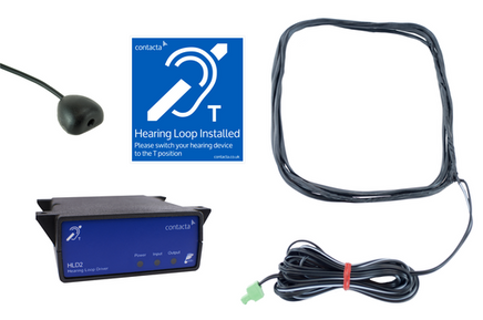 Contacta Under The Counter Loop System, including HLD2 loop amplifier, Gooseneck Halo microphone, loop aerial, power supply, fixings set and loop signage