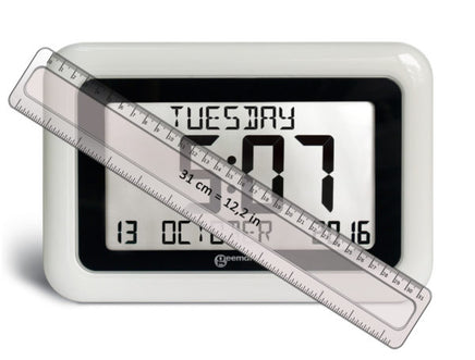 Front view of the Viso10 alarm clock with a ruler showing a diagonal dimension of 31 cm